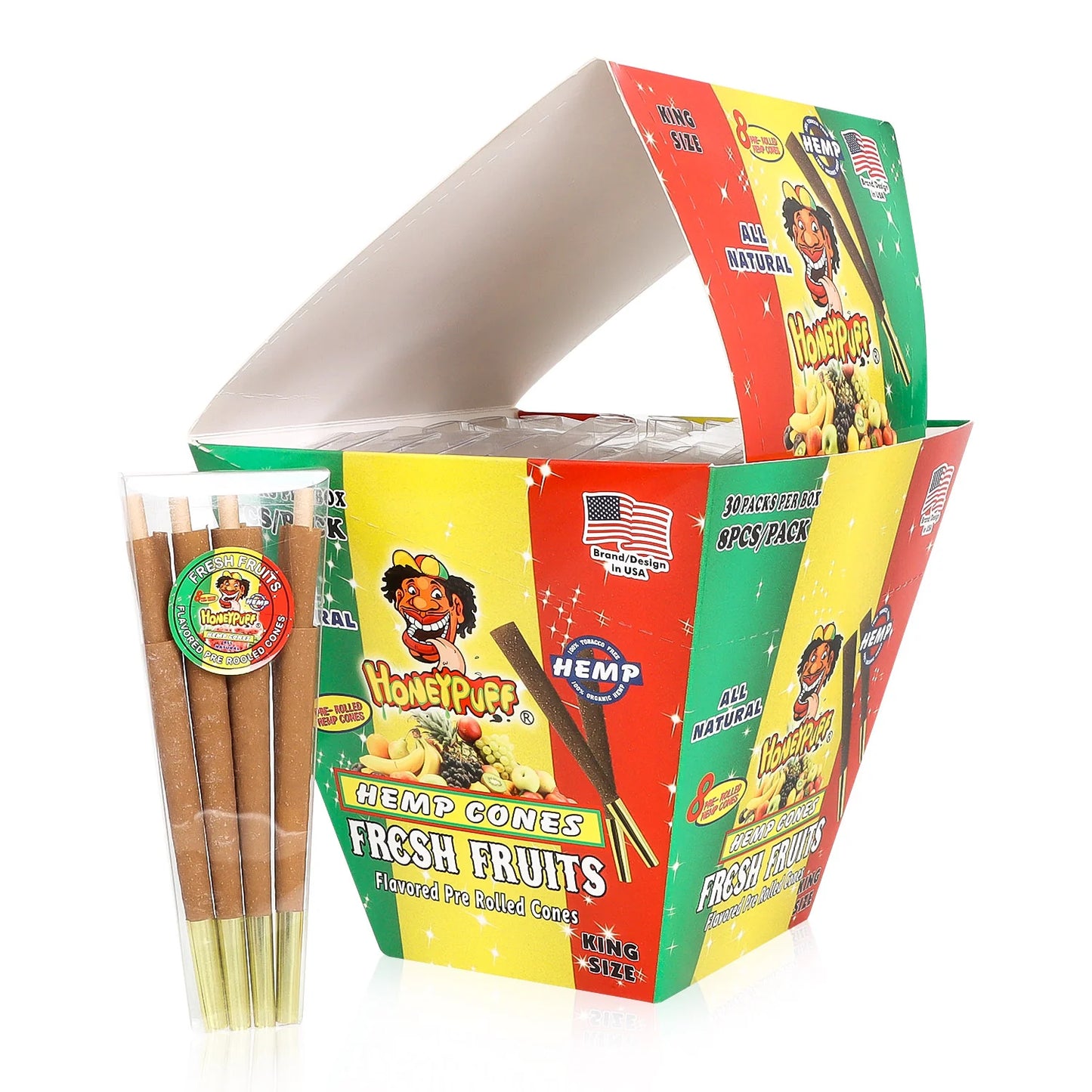 Fresh Fruit Flavored Pre Rolled Cones, King Size Rolling Cones with Tips, Slow Burning Rolling Papers, 8 Pcs / Pack 30 Packs / Box