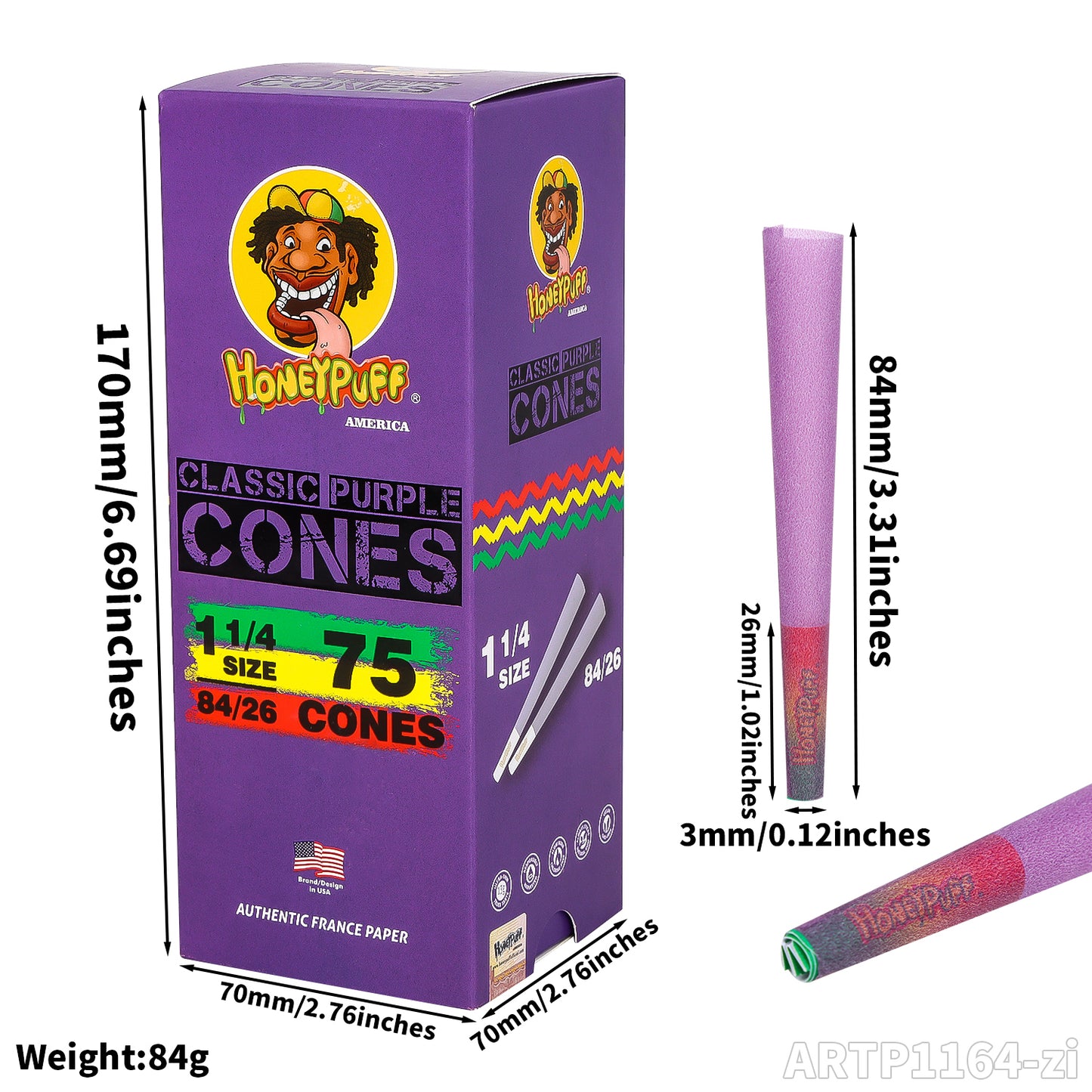 King Size Pre Rolled Rolling Paper with Tips,W mouth 84mm horn tube, Slow Burning Papers(75 PCS)